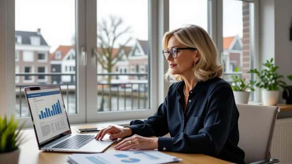 Nederlandse vrouw in haar 50s bestudeert een UPO pensioenoverzicht aan haar bureau in een modern Rotterdam home office, daglicht door hoge ramen