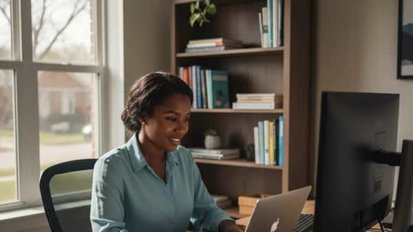 Black American woman working remotely on a laptop at a home office desk in Chicago with dual monitors and natural light