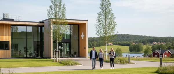 Kvinna väntar i ljust och modernt väntrum på en svensk vårdcentral