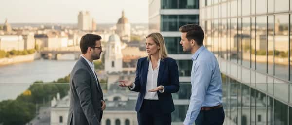 Svensk kvinna i 50-årsåldern diskuterar förmögenhetsförvaltning med rådgivare i ett modernt Stockholmskontor