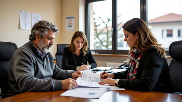 Homem português de meia-idade a preencher formulários de pensão de invalidez num serviço de atendimento da Segurança Social no Porto