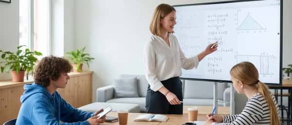 Schülerin und Nachhilfelehrerin lösen gemeinsam Matheaufgaben an einem Holztisch in einem hellen Arbeitszimmer