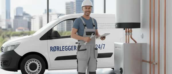 Norsk rørlegger i blå arbeidskl​ær som undersøker kobberrør under en kjøkkenvask i en moderne skandinavisk leilighet