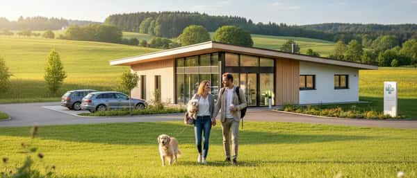 Tierärztin untersucht einen kleinen Hund auf dem Behandlungstisch in einer modernen Tierarztpraxis am Wochenende