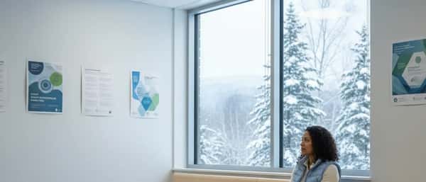 Femme assise dans une salle d'attente de CLSC au Québec, consultant son téléphone en attendant un rendez-vous médical