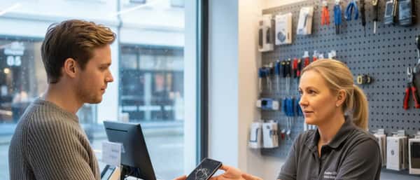Kunde leverer inn sprukket mobiltelefon til reparatør i en mobilreparasjonsbutikk i Oslo