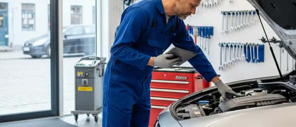 Dansk mekaniker i blå overalls inspicerer en bilmotor i et moderne værksted i København