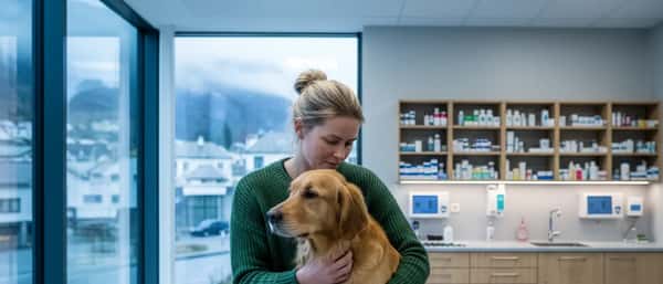 Kvinne holder en golden retriever på undersøkelsesbordet hos veterinæren i Bergen