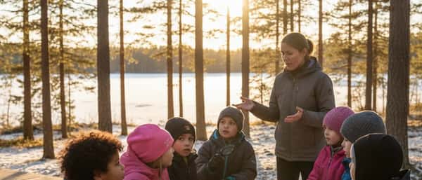 Suomalainen opettaja opettaa alakoululaisia valoisassa luokkahuoneessa koivupuisilla kalusteilla