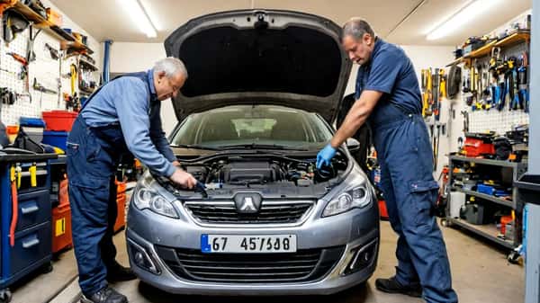 Mécanicien expert inspectant le moteur d'une voiture dans un garage indépendant à Lyon pour optimiser la consommation de carburant