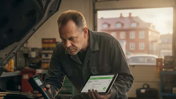 Mekaniker i Göteborg kontrollerar ett fordons OBD-diagnostik och Euro-klassning inför miljözonsbedömning