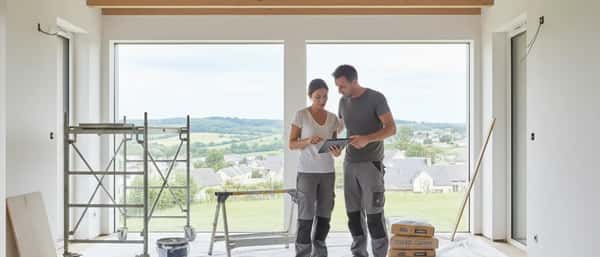Couple français examinant des plans de rénovation avec un artisan dans une cuisine de maison en pierre
