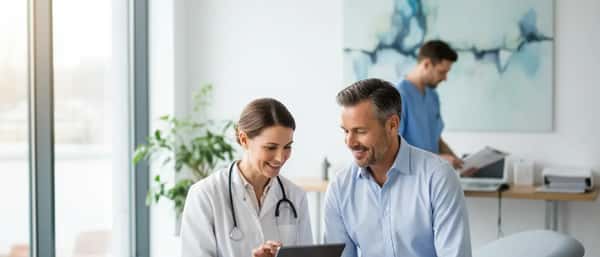 Mann bei einer Gesundheitsuntersuchung beim Hausarzt, Blutdruckmessung in einer modernen Arztpraxis