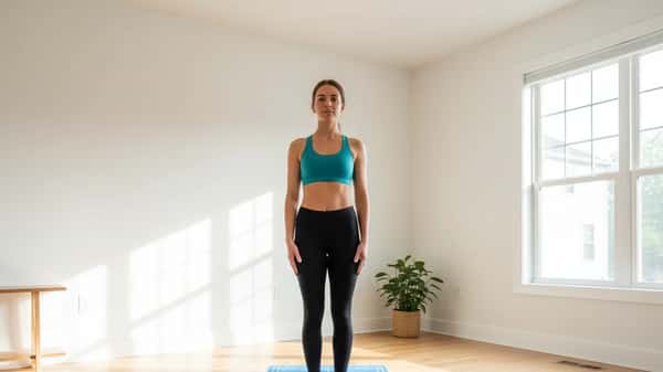 American woman practicing Warrior II pose on an instructional yoga mat in a bright California home studio, alignment markers visible