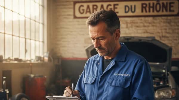 Mécanicien dans un garage de Lyon annotant une check-list de préparation véhicule vacances d'été