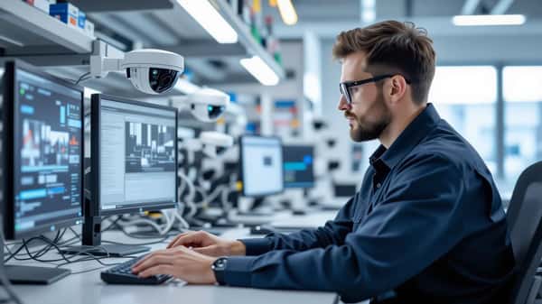 UK electronics technician examining a smart home security camera in a Manchester testing lab for PSTI Act compliance