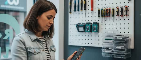 Femme tenant un smartphone fissuré au comptoir d'un atelier de réparation indépendant à Lyon