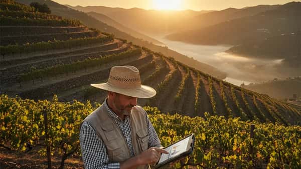 Agricultor português a analisar dados em tablet numa vinha em socalcos no Vale do Douro ao pôr do sol
