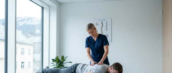 Kiropraktor undersøker pasientens rygg i en moderne klinikk i Oslo med nordisk interiør