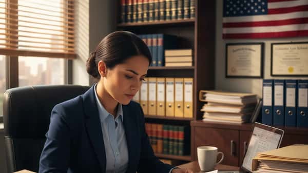 Latin American woman reviewing immigration documents with a lawyer in a New York law office