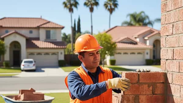 Albañil latino colocando ladrillos en la fachada de una casa suburbana de Estados Unidos bajo el sol de mediodía