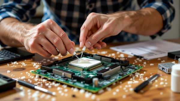 Mains appliquant de la pâte thermique sur un processeur, outils de précision visibles sur un bureau dans un appartement de Lyon