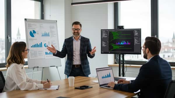 Consulente di cybersicurezza presenta un audit NIS2 a un team di PMI in una sala riunioni a Bologna