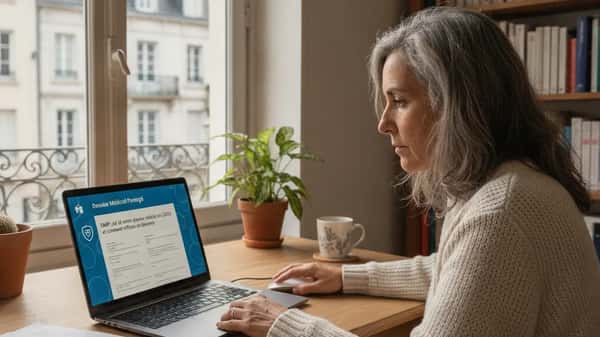 Patiente française consultant son Dossier Médical Partagé sur un ordinateur dans son bureau à domicile à Nantes, documents de santé et Carte Vitale posés sur le bureau
