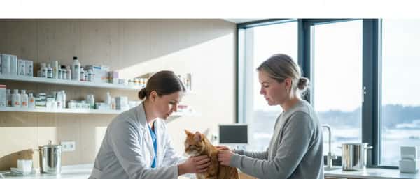 Veterinær undersøker en oransje katt på undersøkelsesbordet mens eieren ser på i en moderne norsk dyreklinikk