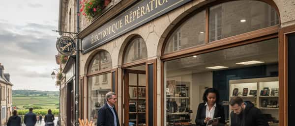 Técnico português a examinar um smartphone com lupa numa oficina de reparação de eletrónica em Lisboa