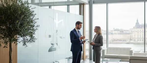 Avocate en droit du travail consultant des documents avec un client dans un cabinet parisien