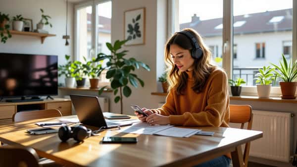 Femme préparant la vente d'appareils électroniques d'occasion sur une table en bois à Lyon, entourée de smartphones et d'une liste de vérification