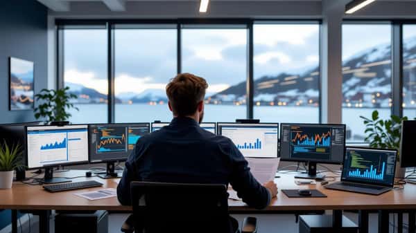 Norsk ingeniør gjennomgår IT-tariffavtale-dokumenter ved kontorpult i Bergen co-working space