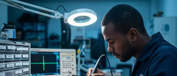 Técnico eletrônico afro-brasileiro soldando placa de circuito em oficina de reparos em São Paulo