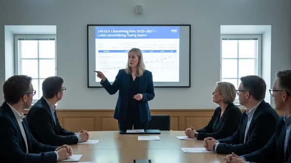 Statlig tjänsteman presenterar lönedata på projicerad skärm i konferensrum Sundsvall myndighet, RALS 2025-2027 lönerevision