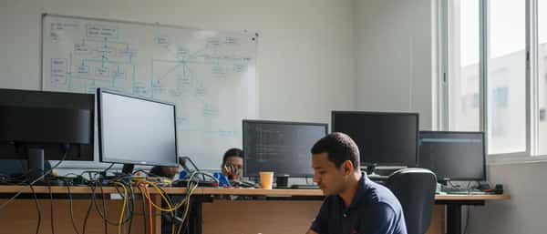 Técnico de informática brasileiro trabalhando em computador aberto com multímetro em escritório de São Paulo