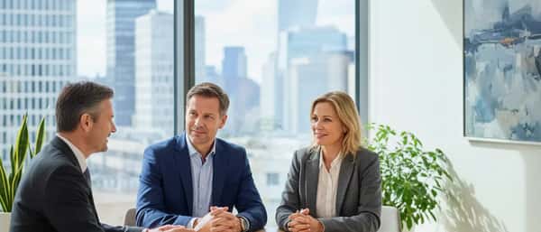 Norsk par i møte med familierettsadvokat på et kontor i Oslo, dokumenter og laptop på bordet