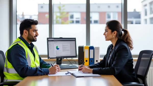 A delivery worker consulting a solicitor in a Manchester legal advice clinic, papers and a tablet on the desk