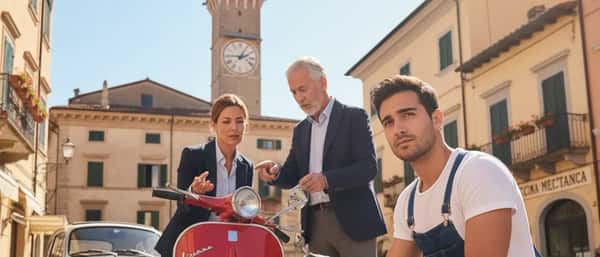 Cliente italiano che consegna le chiavi dell'auto a un meccanico in un'officina illuminata dalla luce del sole