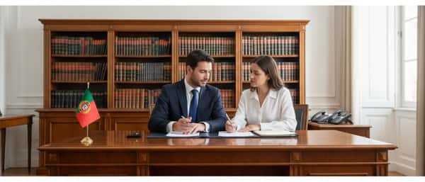 Advogado português a consultar um cliente numa mesa de escritório tradicional em Lisboa, com livros jurídicos e documentos