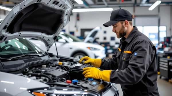 EV mechanic in yellow insulated gloves diagnosing a battery electric vehicle in a Calgary auto service bay