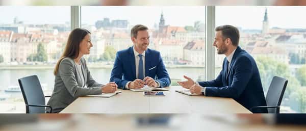 Finanzberater und Kundin besprechen transparente Honorarunterlagen an einem Schreibtisch in Frankfurt