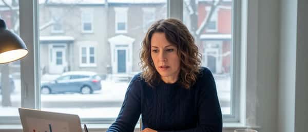 Femme québécoise révisant des documents financiers à sa table de cuisine à Montréal, ambiance concentrée et déterminée