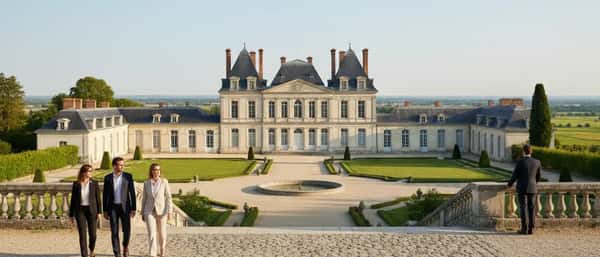 Conseiller en gestion de patrimoine examinant des documents financiers avec un couple dans un bureau parisien moderne