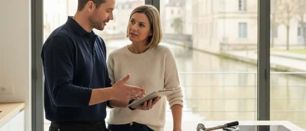 Canalizador brasileiro inspecionando tubulação de cobre sob pia de cozinha em apartamento moderno