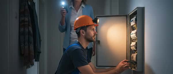 Elektriker im Notdienst repariert Sicherungskasten in einem österreichischen Wohnhaus bei Nacht