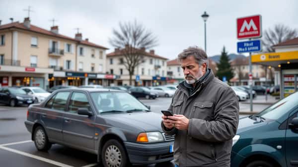 Mécanicien en blouse bleue montrant une vignette Crit'Air orange sur un pare-brise à un client dans un atelier de Grenoble