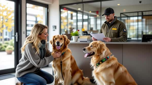 Propriétaire disant au revoir à son golden retriever à la réception dune pension professionnelle pour chiens à Lyon
