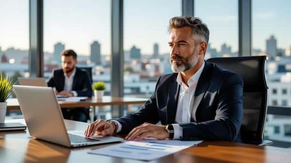 Profissional português em escritório corporativo no Porto a rever documentos de conformidade com a Diretiva NIS2 num laptop