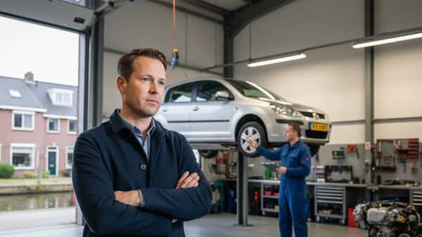 Nederlandse man in autogarage ontvangt kostenoverzicht van monteur voor auto onderhoud